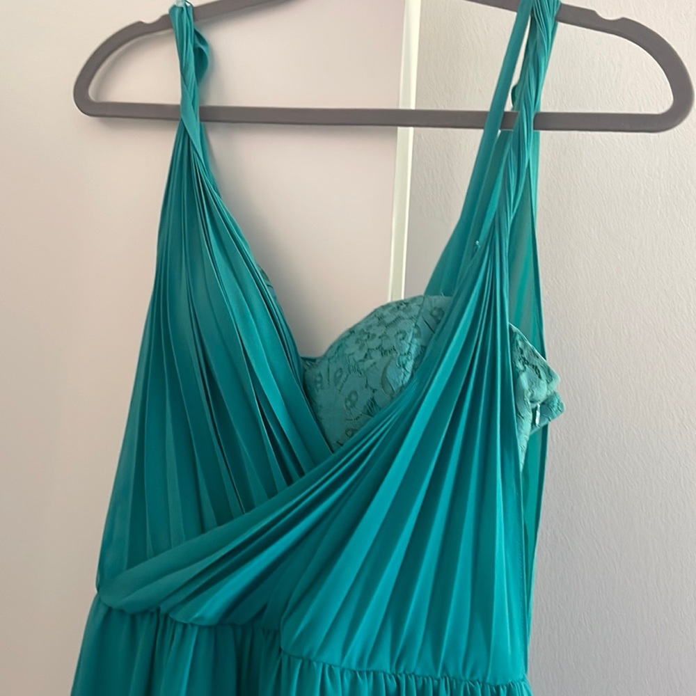 Teal mini dress- lace under; chiffon top